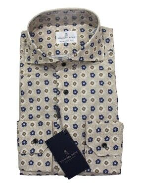 Emanuel Berg Shirt Mens 15.5 39 M Beige Blue Floral Modern Fit Harvard NWT